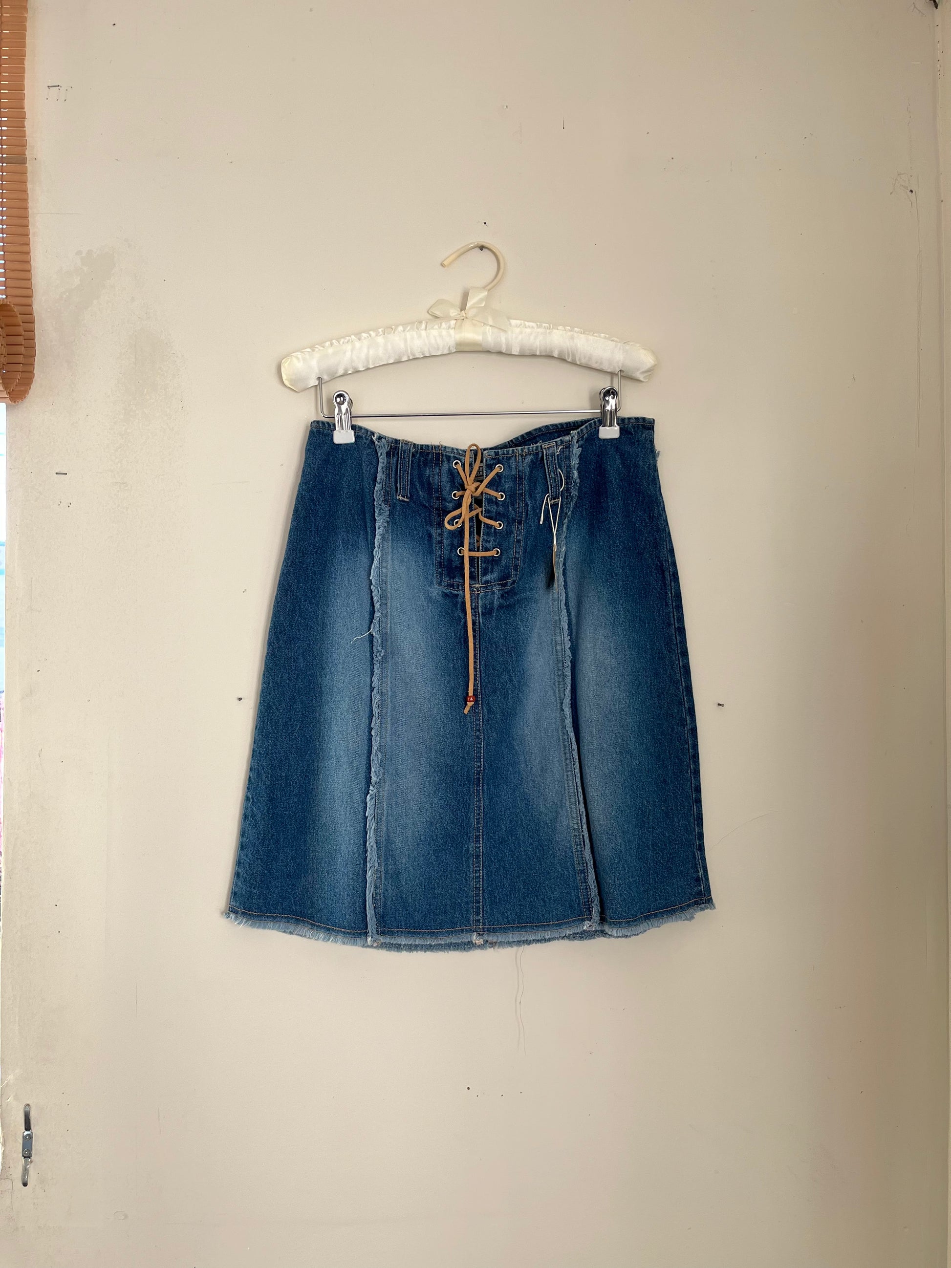 y2k Boho Lace up Denim Mini Skirt Clover Patch Jewelry